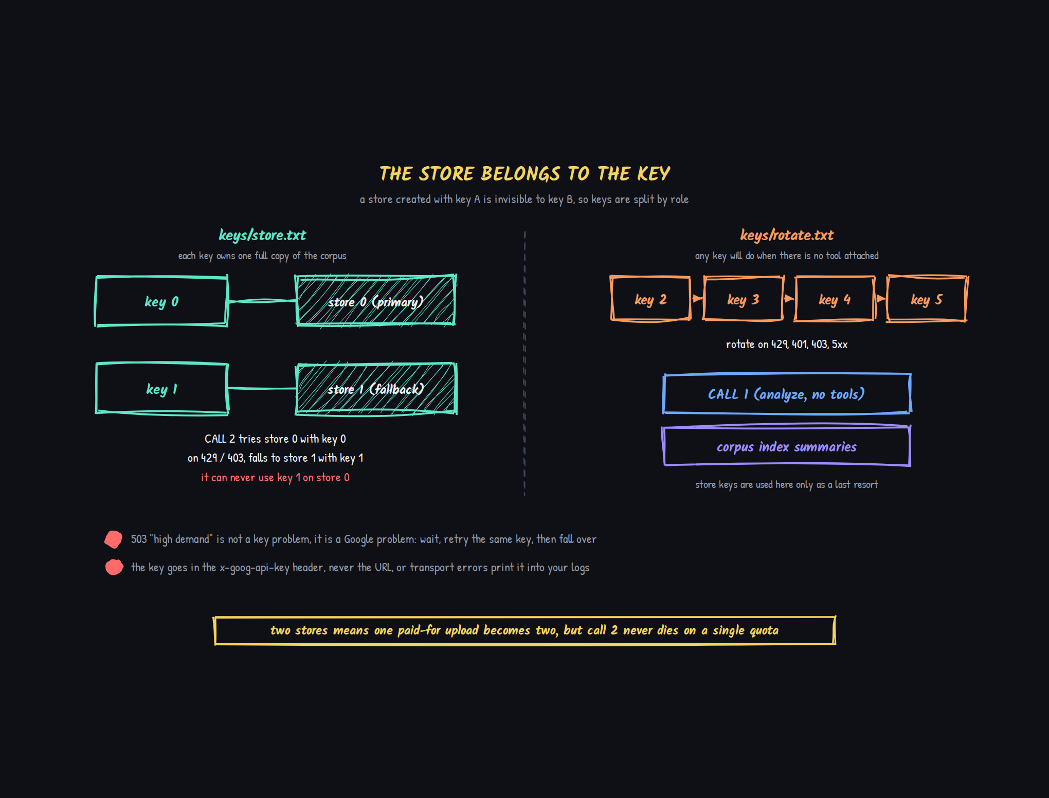 Diagram: keys split by role. keys/store.txt has key 0 owning store 0 (primary) and key 1 owning store 1 (fallback), and call 2 tries store 0 with key 0 then falls to store 1 with key 1, never key 1 on store 0. keys/rotate.txt has keys 2 through 5 rotated on 429, 401, 403 and 5xx for call 1 and corpus index summaries which have no tool attached